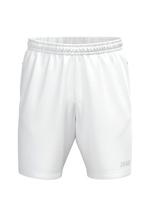 Pantaloncini sportivi bianchi semplici con vita elasticizzata e sottile logo JAKO sulla parte inferiore della gamba destra, mostrati su sfondo bianco.