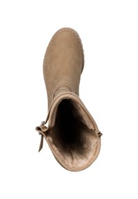 Beige Wildleder-Ankle-Boot mit weicher Innenauskleidung, runden Zehen und gesteppten Details entlang der Sohle. Seitlicher Reißverschluss für ein einfaches An- und Ausziehen.