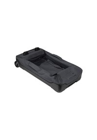 Valise à roulettes noire avec une base lisse et ferme, un intérieur en tissu, des poches latérales et une poignée rétractable pour un transport facile.