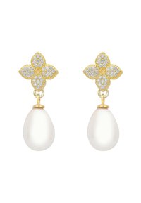 Gold-tone earrings featuring a floral design with clear gemstones and a teardrop-shaped white pearl pendant. Textured metal accents.