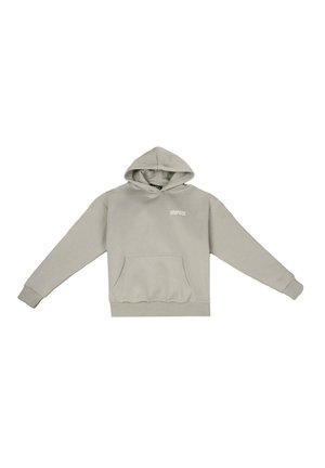 Lys grå hettegenser med frontlomme og ribbestrikkede mansjetter. Har "DROPSIZE"-logoen i hvitt på brystområdet. Myk tekstur.