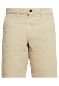 Khaki shorts gemaakt van lichtgewicht stof met een platte voorkant, enkele knoopsluiting en twee zijzakken. Kenmerkt zich door een rechte snit en zoom.