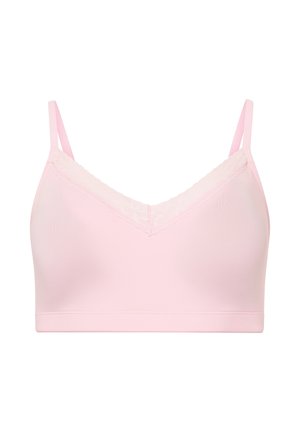 Lichtroze zachte beha met dunne verstelbare bandjes en subtiele kanten bies langs de V-vormige halslijn.
