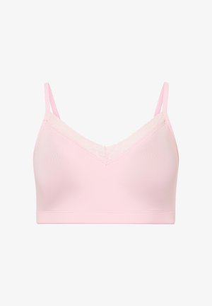 Lyserød blød bh med tynde justerbare stropper og diskret blonderkant langs den V-formede udskæring.