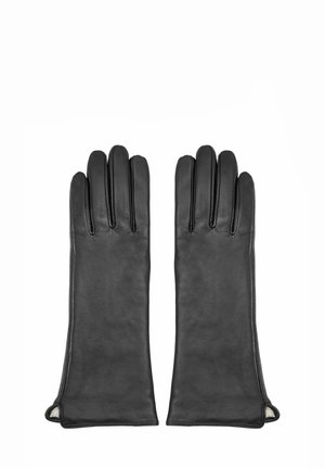 Czarne skórzane rękawiczki o wydłużonym kroju, z pięcioma palcami i bocznymi otworami. Gładka faktura z kontrastową podszewką wewnętrzną.