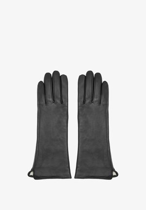 Czarne skórzane rękawiczki o wydłużonym kroju, z pięcioma palcami i bocznymi otworami. Gładka faktura z kontrastową podszewką wewnętrzną.