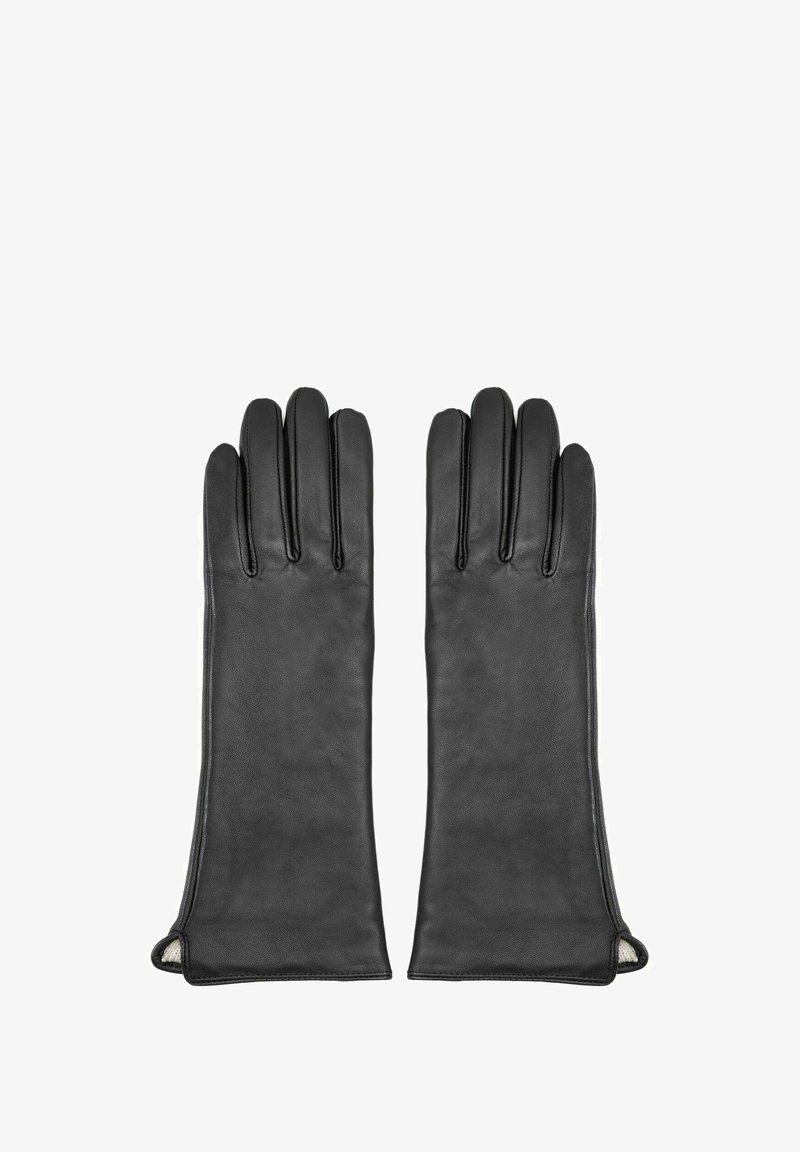 Czarne skórzane rękawiczki o wydłużonym kroju, z pięcioma palcami i bocznymi otworami. Gładka faktura z kontrastową podszewką wewnętrzną.