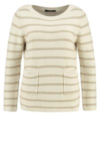 Pullover crema con strisce orizzontali beige, scollo rotondo e due tasche frontali. Tessuto a maglia testurizzato con polsini e orlo a costine.