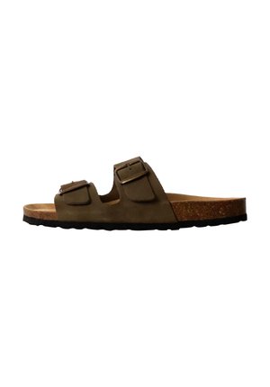 Brown suede sandals with two adjustable buckles, cork footbed, and a textured black rubber sole, designed for comfort and stability.