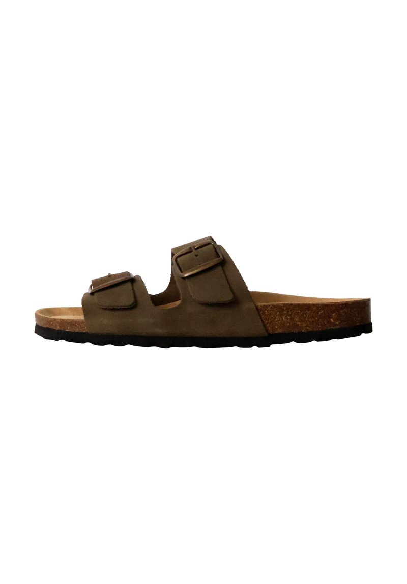 Sandalias de ante marrón con dos hebillas ajustables, plantilla de corcho y suela de goma negra texturizada, diseñadas para comodidad y estabilidad.