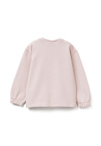 Felpa rosa chiaro a maniche lunghe con polsini elasticizzati e scollo rotondo, vista dal retro su sfondo bianco.