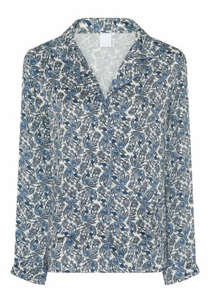 Cămașă de pijama cu mânecă lungă din țesătură albă cu un model floral albastru. Dispune de o guler clasic și de mânere cusute pe margini. Are două buzunare în față.