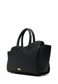 Black leather handbag with a pebbled texture, structured shape, dual top handles, and a gold-tone logo plate on the front.