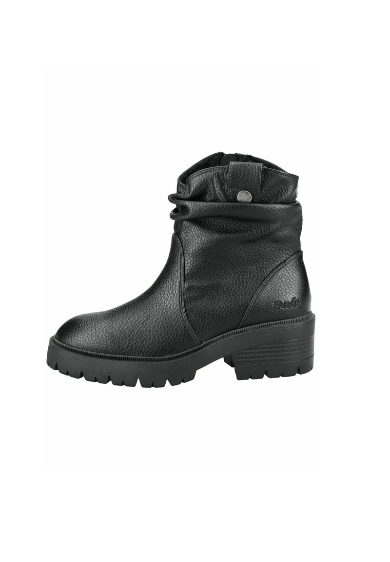 Černé kožené kotníkové boty s texturovaným povrchem, se zřaseným designem, gumovou podrážkou a nízkým blokovým podpatkem. Obsahují detail bočního knoflíku.