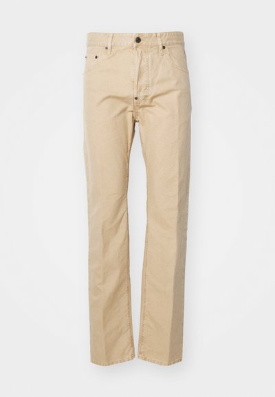 Beige cotton trousers with a straight-leg design, featuring a button closure, belt loops, and front pockets. Smooth texture, minimal stitching.