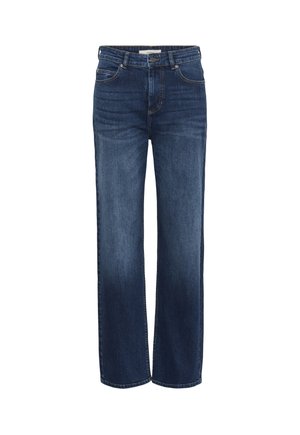 Sinised sirge säärega teksapüksid, millel on eesmine nööp, luku, vööaasad ja kerge kulumine reite ja põlvede piirkonnas.