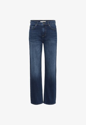 Jean en denim bleu à coupe droite avec bouton frontal, fermeture éclair, passants pour ceinture et légère décoloration sur les cuisses et les genoux.