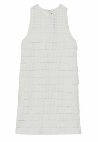 Valge ilma varrukateta kleit, millel on tekstureeritud rinnaosa ja kihiline, plisseeritud disain. Ümar kaelus ja tagumine nööbikinnitus.