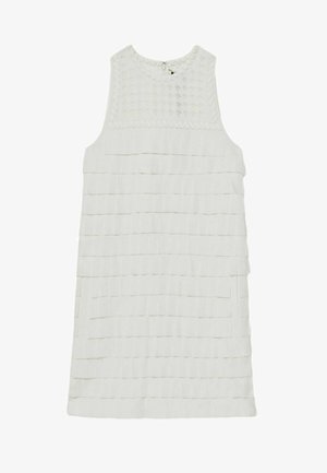 Weißes ärmelloses Kleid mit strukturiertem Oberteil und geschichteter, gefalteter Gestaltung. Rundhalsausschnitt und Knopfverschluss auf der Rückseite.