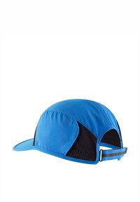 Blue cap featuring a solid front with a mesh back, curved visor, and adjustable strap. Smooth texture with contrasting black accents.