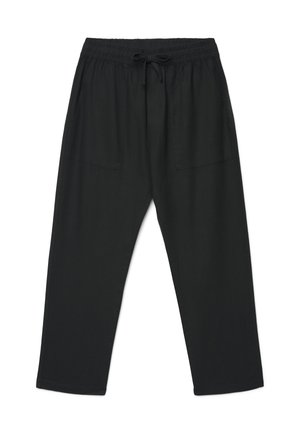 Pantaloni neri a taglio ampio con cintura elastica e coulisse, dotati di due tasche applicate grandi frontali.
