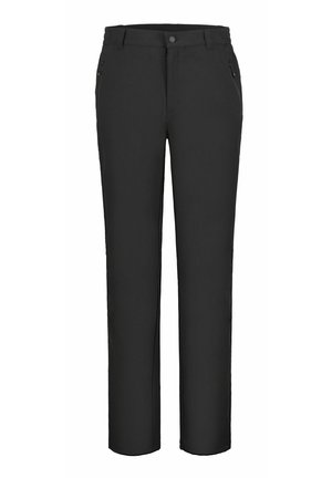 Pantalon noir en tissu léger avec une coupe droite, doté d'une fermeture par bouton et de poches zippées sur les côtés. Aucun motif visible.