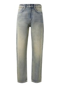 Lichtblauwe vervaagde rechte jeans met voorkruiszakken, riemlussen en knoopsluiting, weergegeven tegen een witte achtergrond.