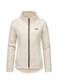 Veste en polaire couleur crème avec un col haut, fermeture éclair noire et un motif texturé subtil. Présente un logo noir sur la poitrine.