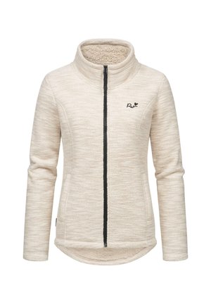 Veste en polaire couleur crème avec un col haut, fermeture éclair noire et un motif texturé subtil. Présente un logo noir sur la poitrine.