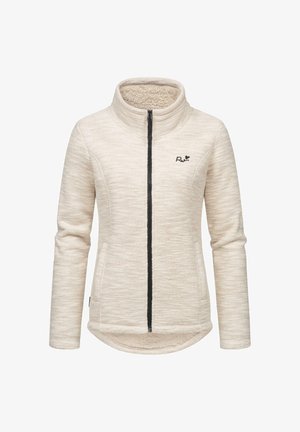 Crème kleurige fleecejas met een hoge kraag, zwarte rits en subtiel textuurpatroon. Heeft een zwart logo op de borst.