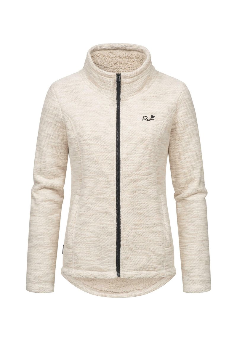 Veste en polaire couleur crème avec un col haut, fermeture éclair noire et un motif texturé subtil. Présente un logo noir sur la poitrine.