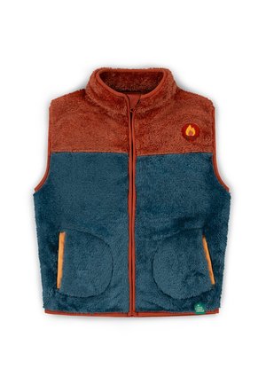 Flauschweste mit einem orangen oberen Abschnitt und einem türkisfarbenen unteren Abschnitt, ausgestattet mit zwei orange akzentuierten Taschen und einem runden Logo auf der Brust.