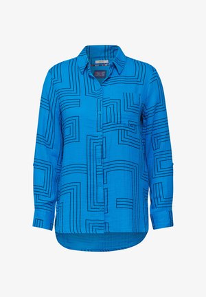 Blauw overhemd met lange mouwen en knoopsluiting, voorzien van een geometrisch zwart lijnpatroon, een enkele borstzak en een gebogen zoom.