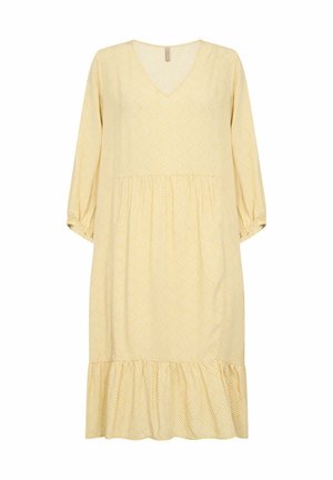 Yellow dress with a V-neckline, long sleeves, and a tiered ruffle hem. Features a geometric pattern in a lighter shade. Made of soft fabric.