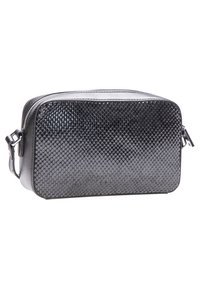 Black faux leather bag with a textured, snake-skin pattern, rectangular shape, zip closure, and an adjustable strap.