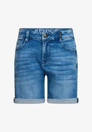 Shorts di denim in blu chiaro con un effetto sbiadito. Presentano orli arrotolati, design a cinque tasche e chiusura con bottone metallico. Etichetta del marchio visibile.