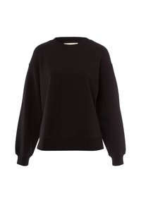 Černá mikina vyrobená z měkkého materiálu, se širokým výstřihem, spadlými rameny a žebrovanými manžetami, navržená v uvolněném střihu.