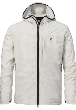 Weiße Kapuzenjacke mit Textur, schwarzem durchgehendem Frontreißverschluss, zwei seitlichen Reißverschlusstaschen und einem kleinen schwarzen Logo auf der linken Brust.