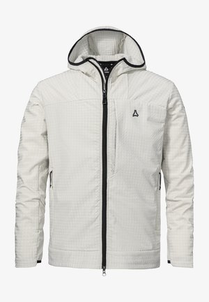 Weiße Kapuzenjacke mit Textur, schwarzem durchgehendem Frontreißverschluss, zwei seitlichen Reißverschlusstaschen und einem kleinen schwarzen Logo auf der linken Brust.