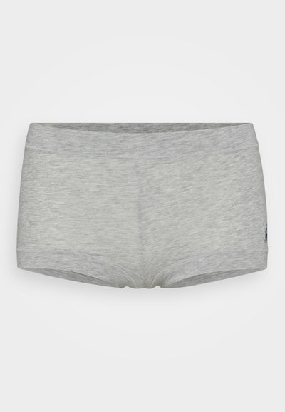 Boxers de algodón elástico grises con una textura suave, que cuentan con una cinturilla elástica ancha y un pequeño logo en el costado.