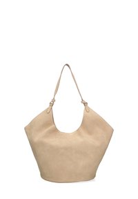 Beige suède tote bag met een brede, slungelige vorm, voorzien van twee verstelbare leren hengsels en een gladde textuur. Geen zichtbare hardwaredetails.