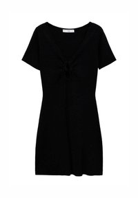 Zwarte jurk met korte mouwen, V-hals en verstelbare strikdetail in het midden. Glad materiaal met een getailleerde vorm, kniehoogte.