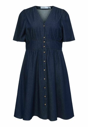 Donkerblauwe denim jurk met korte mouwen, V-hals, getailleerde taille en knoopsluiting aan de voorkant van de halslijn tot aan de zoom.