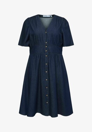 Donkerblauwe denim jurk met korte mouwen, V-hals, getailleerde taille en knoopsluiting aan de voorkant van de halslijn tot aan de zoom.