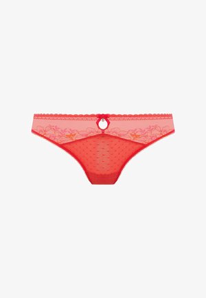 Rode kantstring met een stippenpatroon, bloemenborduursels in tinten roze en oranje, gegolfde randen en een kleine strikaccent.