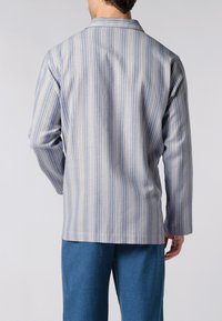 Camicia a righe in azzurro chiaro e bianco, con colletto, maniche lunghe e taglio dritto. Tessuto morbido con una consistenza liscia.