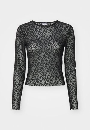 Čierny dlhý rukáv top z priehľadnej krajky s leopardím vzorom, s okrúhlym výstrihom a priliehavou siluetou, pričom obsahuje podrobnosti v textúrovanom vzore.