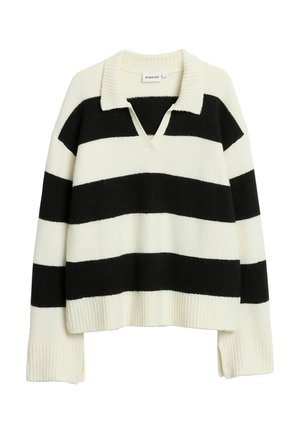 Sort-hvid stribet sweater i blødt strikket stof med V-hals og ribkant ved ærmerne, med en afslappet pasform og krave.