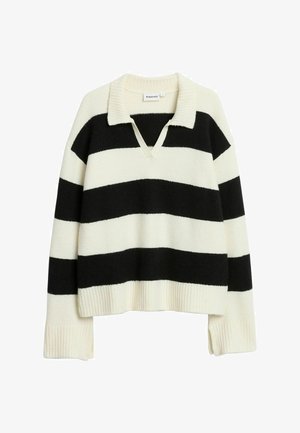 Sort-hvid stribet sweater i blødt strikket stof med V-hals og ribkant ved ærmerne, med en afslappet pasform og krave.