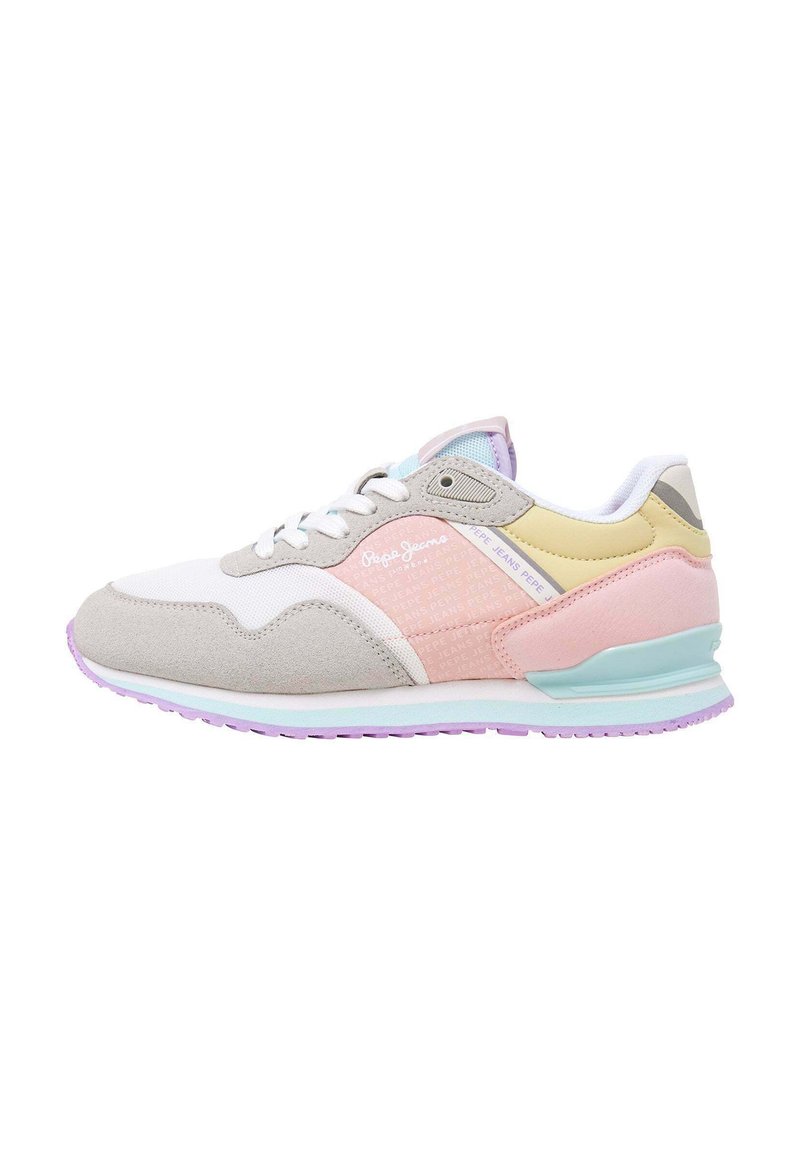 Zapatilla que combina diferentes materiales: malla blanca, ante gris y acentos en tonos pastel de rosa, amarillo y menta. Suela de goma con un diseño de tracción en púrpura claro.